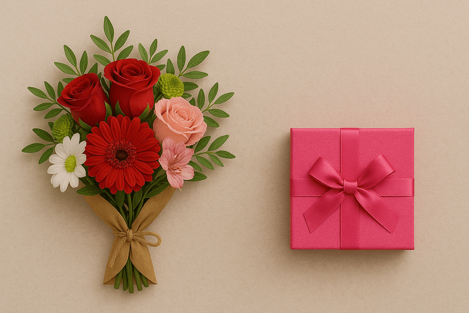 A bouquet of colorful flowers next to a pink gift box with a bow.